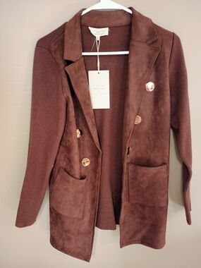 VILA Milano Brown Suede-Look Blazer with Gold Buttons
